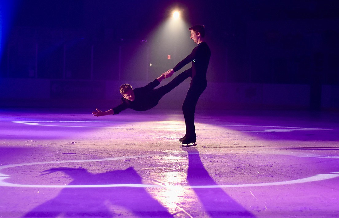 Brothers Vaughn and Finn Irwin with an impressive aerial at Glacier Skate Academy's Wonderland On Ice show Saturday, Dec. 21 at Stumptown Ice Den in Whitefish. (Matt Baldwin/Whitefish Pilot)