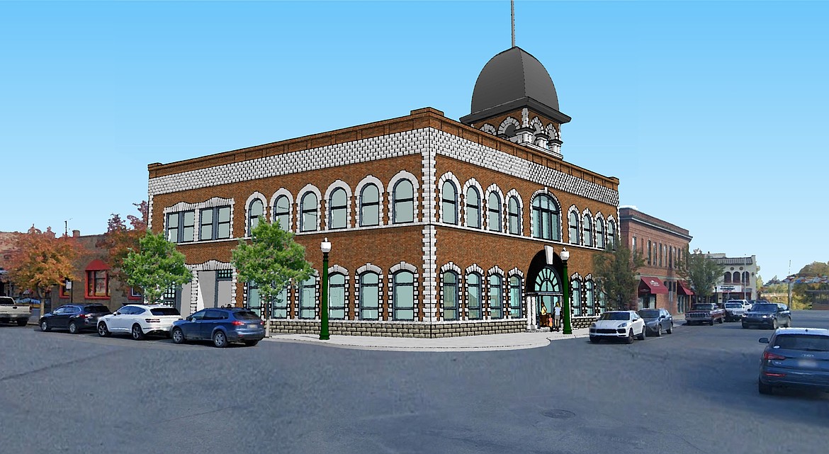 An architectural rendering shows a completed restoration including a refurbished south entrance and reconstructed rooftop cupola and bell.