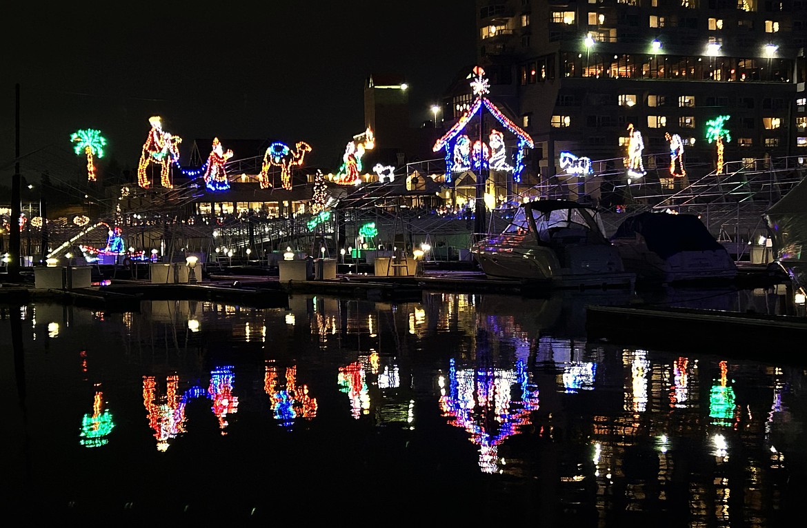 The Nativity scene glimmers above and on Lake Coeur d'Alene.