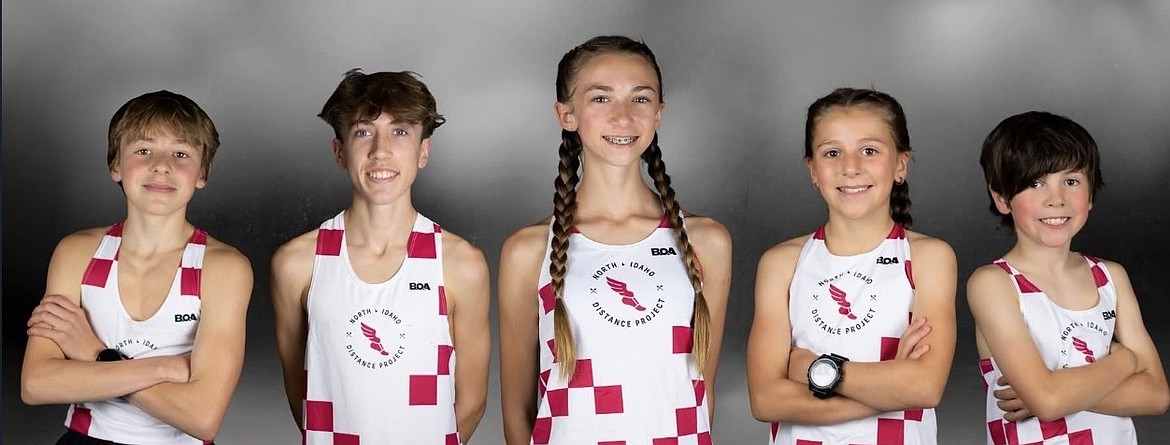 Courtesy photo
Members of the North Idaho Distance Project were named All-Americans for finishing in the top 25 in their respective age groups at the USATF National Junior Olympics on Dec. 14. From left are Miro Parr-Coffin, Rowan Henry, Olivia Betz, Boheme Parr-Coffin and Indy Parr-Coffin.