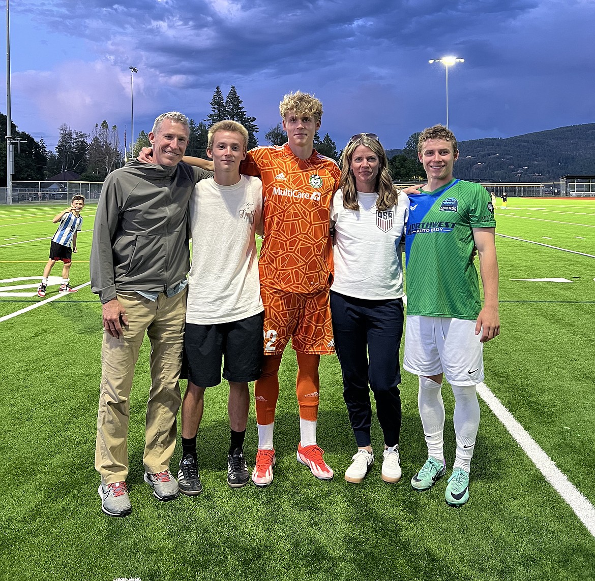 From left, Jameson Longanecker, Pax Longanecker, Kai Longanecker, Amy Longanecker and Jett Longanecker are all smiles after a Sandpoint Legends-Spokane Sounders game at War Memorial Field.