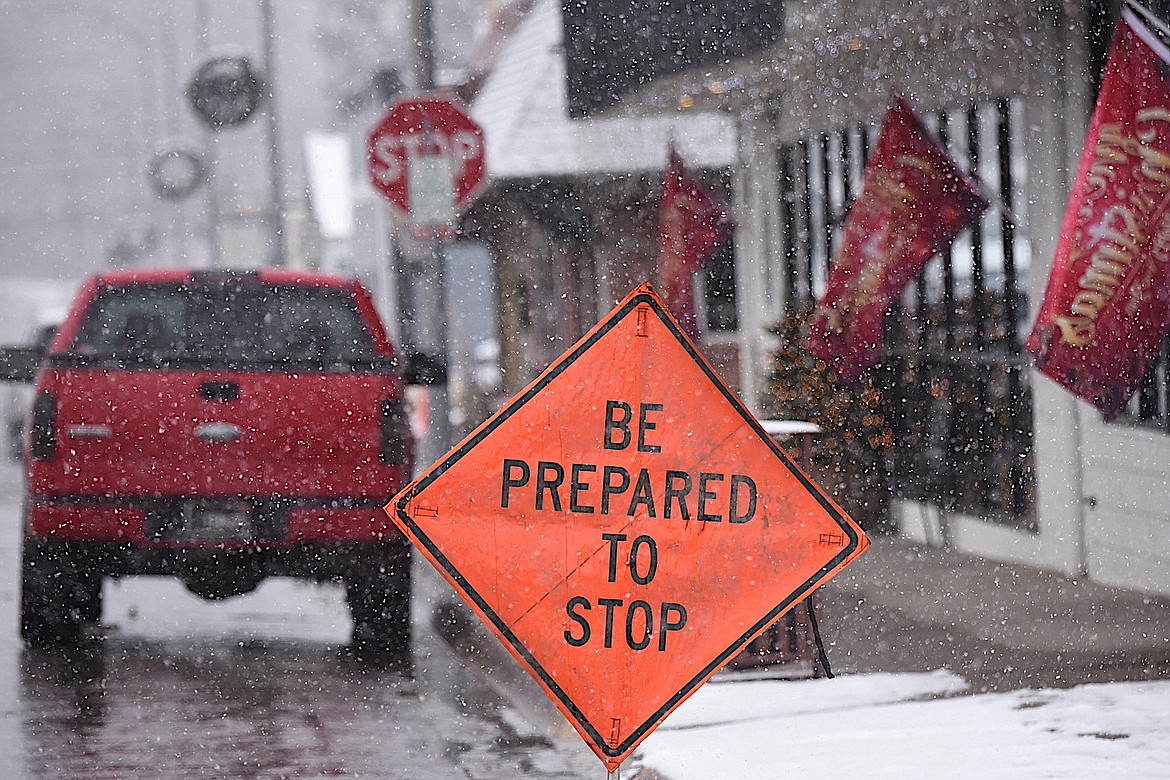 "Be Prepared to Stop" signs are placed on Mineral Avenue in Libby, alerting motorists to the new stop signs at the intersections of Fourth and Sixth streets. (Scott Shindledecker/The Western News)