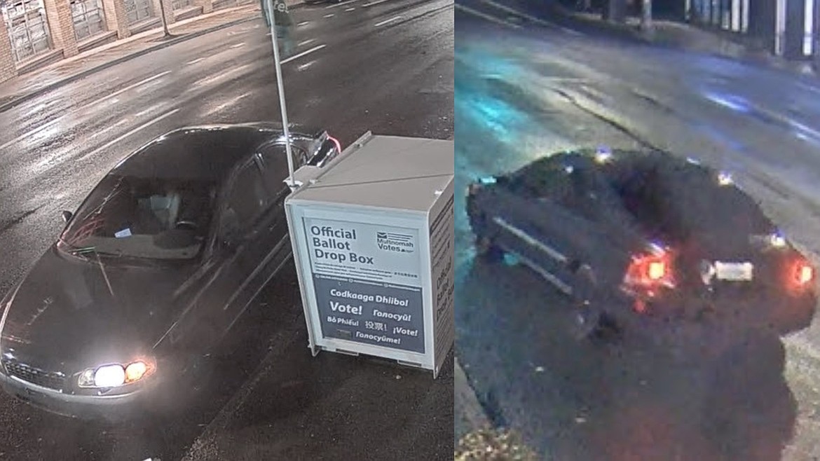 Photos of a suspect vehicle in an arson incident at a Portland ballot drop box. Police believe the incident is connected to two others in Vancouver. Credit: Portland Police Bureau