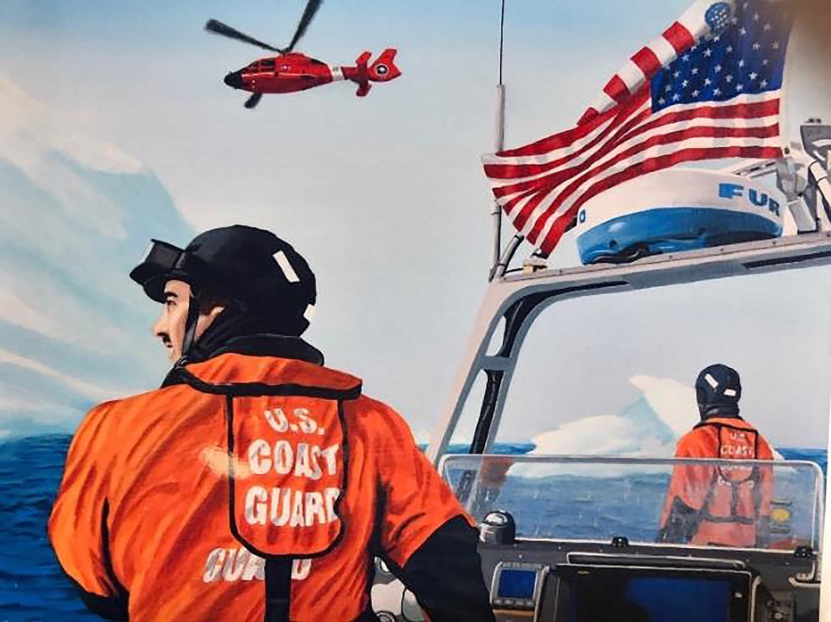 A Coast Guard crew is pictured training with the Dutch Coast Guard off the western coast of Greenland in this artwork by Don Hatcher.