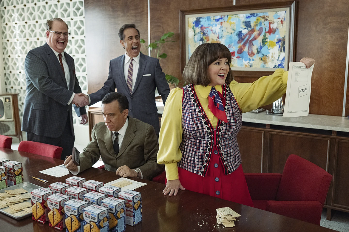 This image released by Netflix shows, from left, Jim Gaffigan, Jerry Seinfeld, Fred Armisen, seated, and Melissa McCarthy in a scene from "Unfrosted."