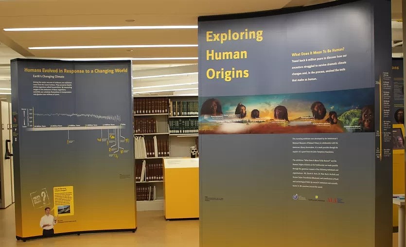 “Exploring Human Origins: What Does It Mean To Be Human?” is a traveling exhibition from the Smithsonian Institution in Washington D.C. It consists of 42 panel displays exploring the origins and evolution of the human species, particularly during times of great change.