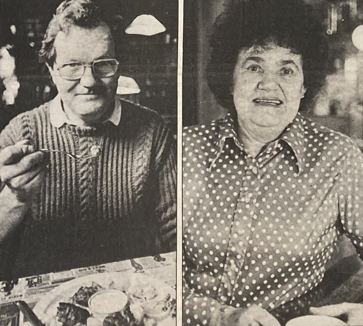 Probably in 1985, Joe Peak, left, samples Rocky Mountain oysters, a delicacy that Josie Bates put on the menu.