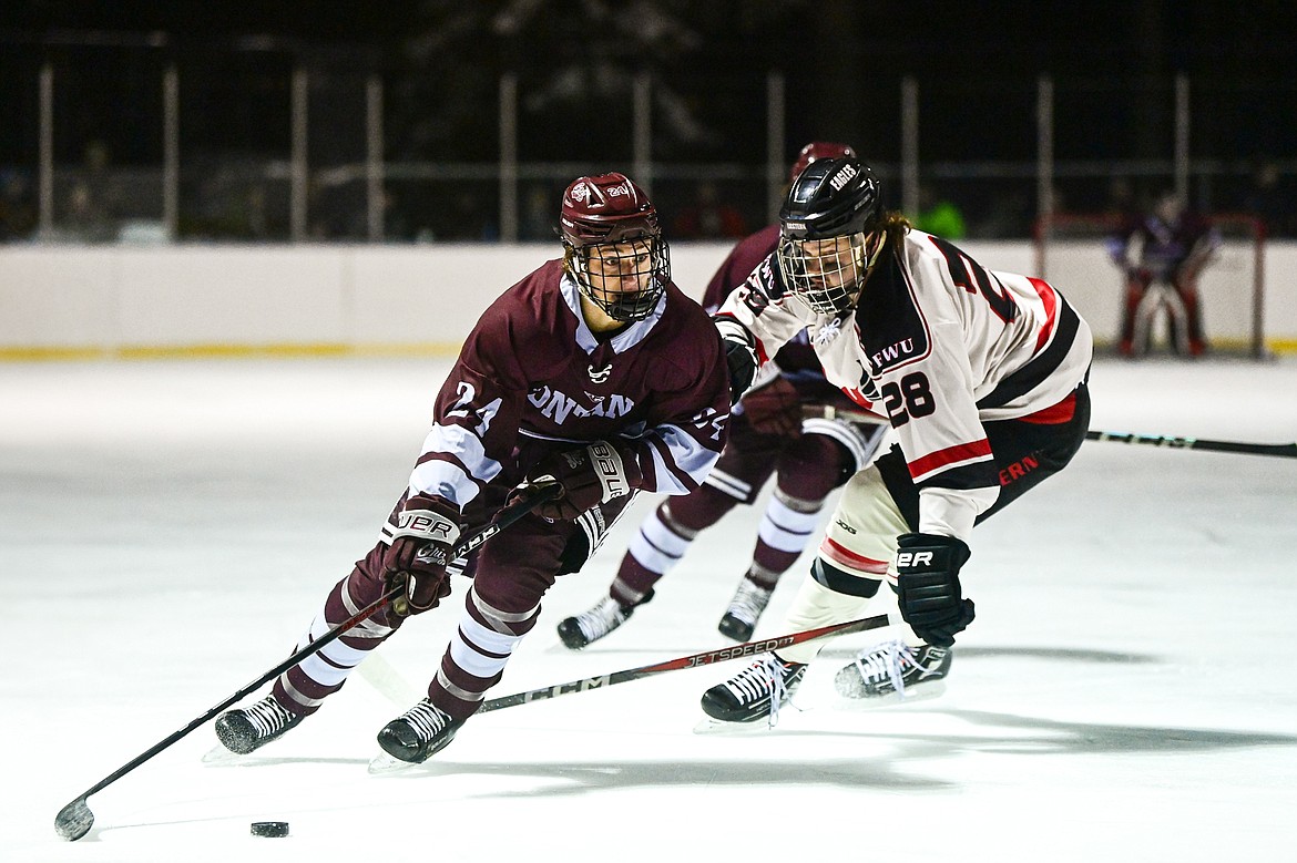 Griz defenseman Teag Wagner Jr. (24) skates into the Eastern Washington zone during the Winter Classic at Woodland Park Ice Rink in Kalispell on Saturday, Jan. 4. (Casey Kreider/Daily Inter Lake)