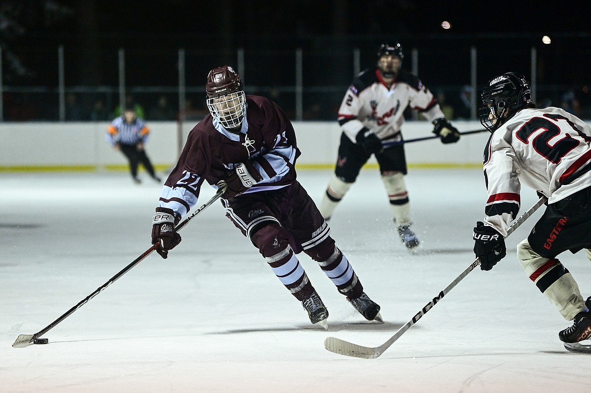 Griz forward Jackson Knutsen (22) readies a shot in the first period against Eastern Washington during the Winter Classic at Woodland Park Ice Rink in Kalispell on Saturday, Jan. 4. (Casey Kreider/Daily Inter Lake)