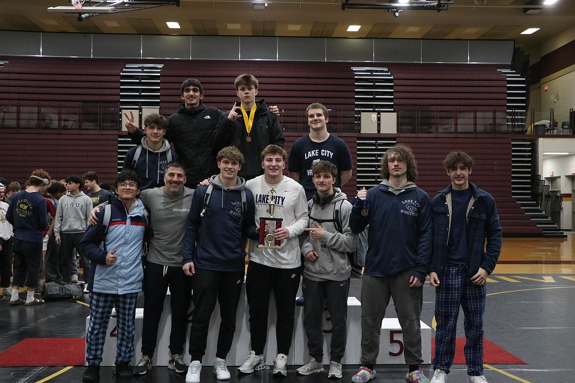 Courtesy photo
The Lake City High boys wrestling team finished third in the Pacific Northwest Classic on Saturday at University High in Spokane Valley. In the front row, from left are Chris Romo, coach Corey Owen, Nathan Booth, Garrett Leonard, Alden Curto, Sebastian Mosman and Jordyn Lupton. In the back are Joey Gallagher, Caden Kemper, Tucker Bridwell and Clifford Eddington.