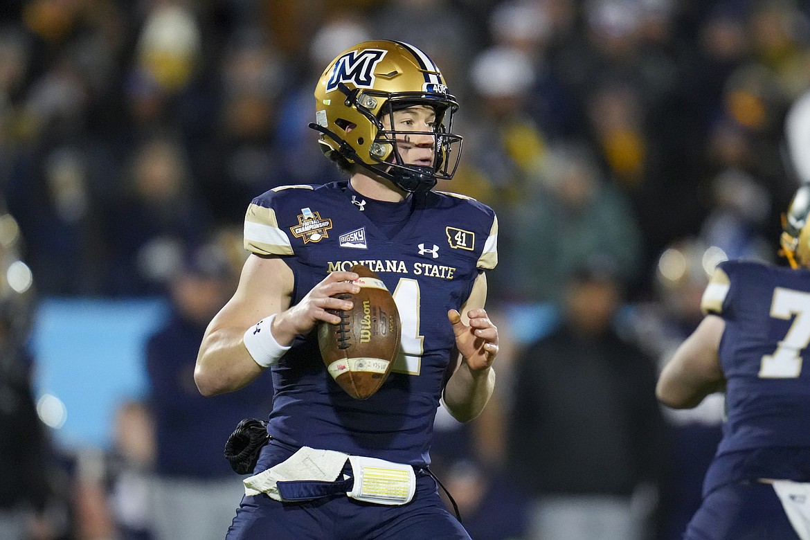 Montana State quarterback Tommy Mellott looks to pass against North Dakota State during the first half of the FCS Championship NCAA college football game, Monday, Jan. 6, 2025, in Frisco, Texas. (AP Photo/Julio Cortez)