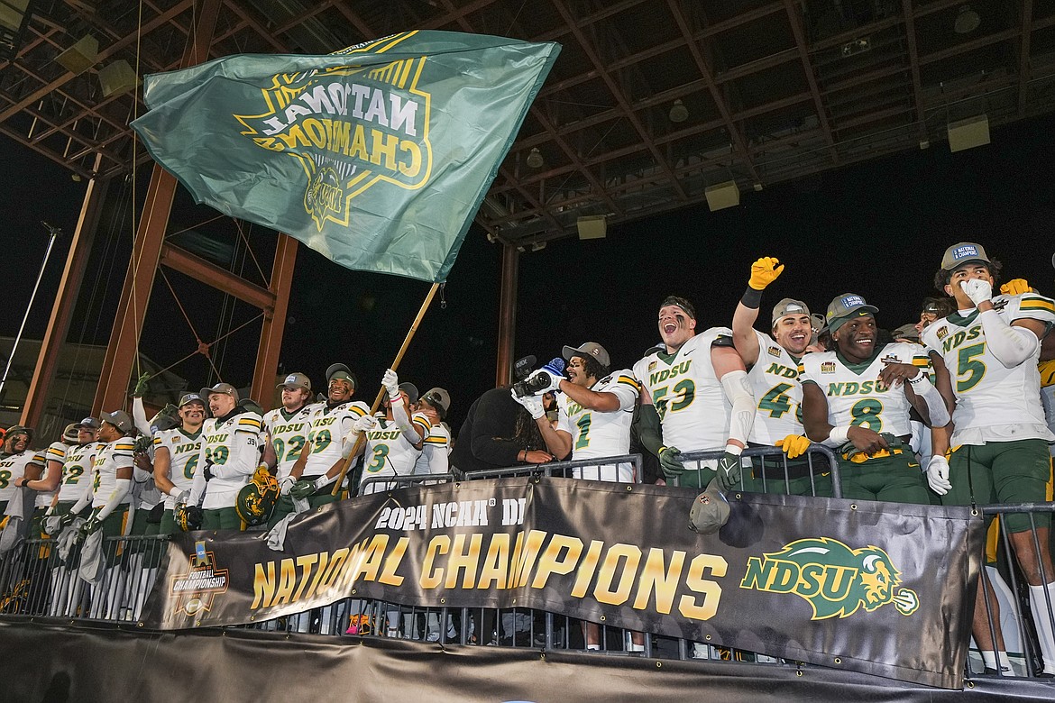 North Dakota State players react following the FCS Championship NCAA college football game against Montana State, Monday, Jan. 6, 2025, in Frisco, Texas. North Dakota State won 35-32. (AP Photo/Julio Cortez)