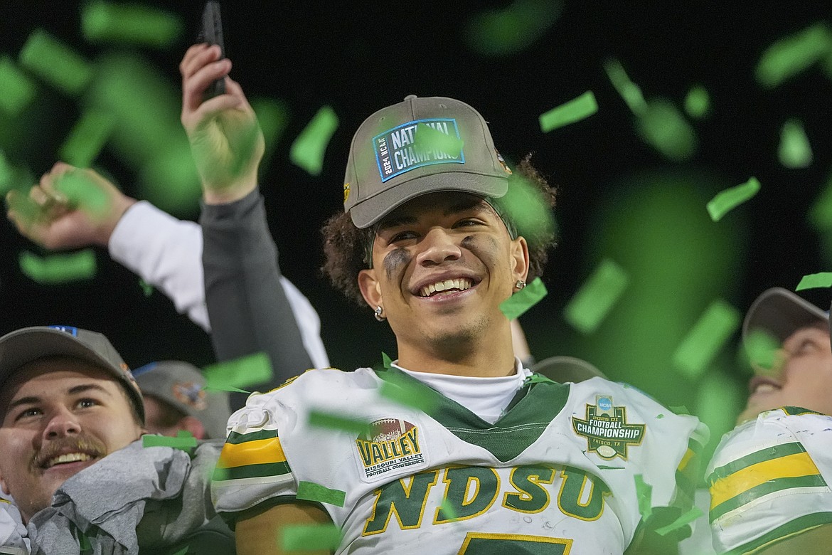 North Dakota State wide receiver Bryce Lance reacts following the FCS Championship NCAA college football game against Montana State, Monday, Jan. 6, 2025, in Frisco, Texas. North Dakota State won 35-32. (AP Photo/Julio Cortez)