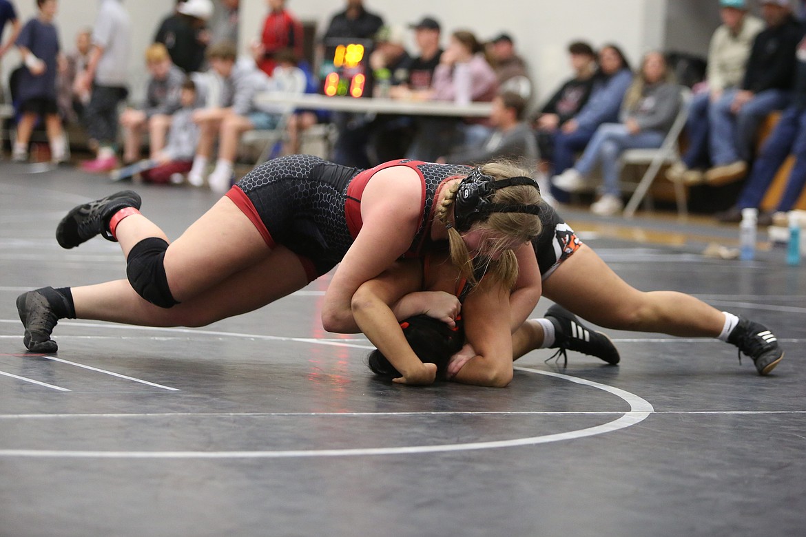 Almira/Coulee-Hartline’s Jayden Hubbard, left, was one of three Warrior girls' wrestlers to place in Saturday’s Banks Lake Brawl.