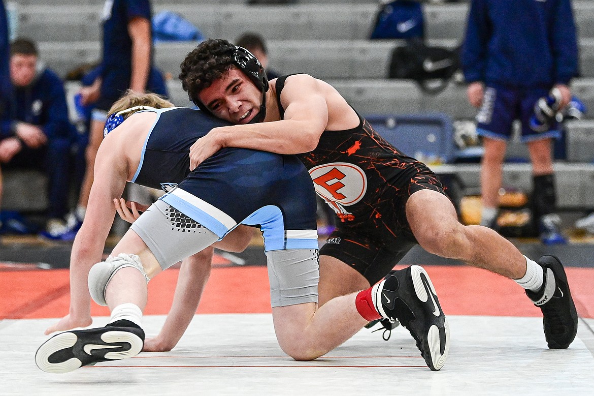 Flathead's Diesel Thompson wrestles Great Falls' Cael Floerchinger at 132 lbs. at Flathead High School on Saturday, Dec. 7. (Casey Kreider/Daily Inter Lake)