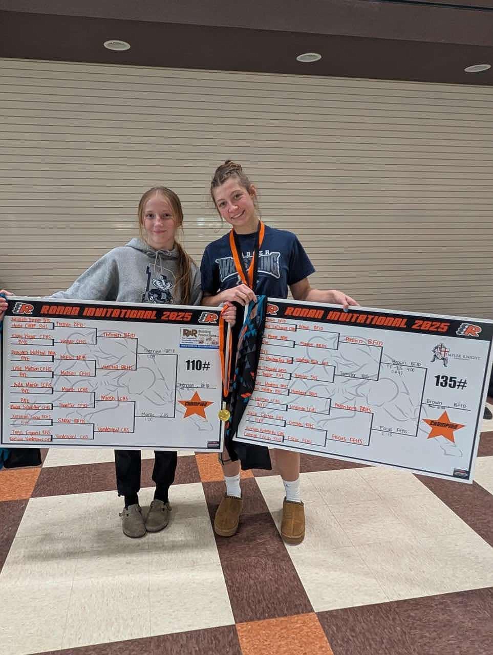 From left, Bonners Ferry's Neveah Therrien and Sofia Brown are all smiles after winning their brackets at the Western Montana Girls Invitational held this past Friday and Saturday at Ronan High.