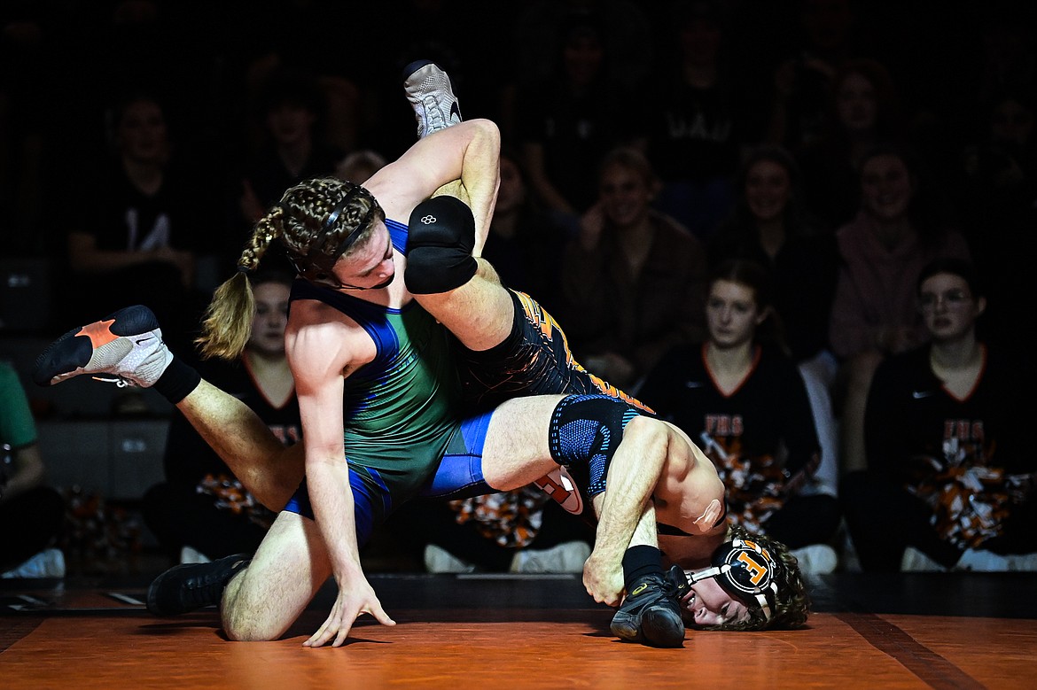 Glacier's Nikola Coles and Flathead's Lane Chivers battle at 165 pounds at Flathead High School on Thursday, Jan. 9. (Casey Kreider/Daily Inter Lake)