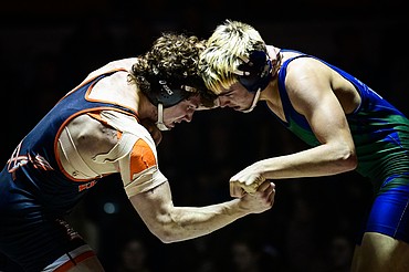 Flathead's Cliff Nance and Glacier's Matthew Ahner tie up at 175 pounds at Flathead High School on Thursday, Jan. 9. (Casey Kreider/Daily Inter Lake)