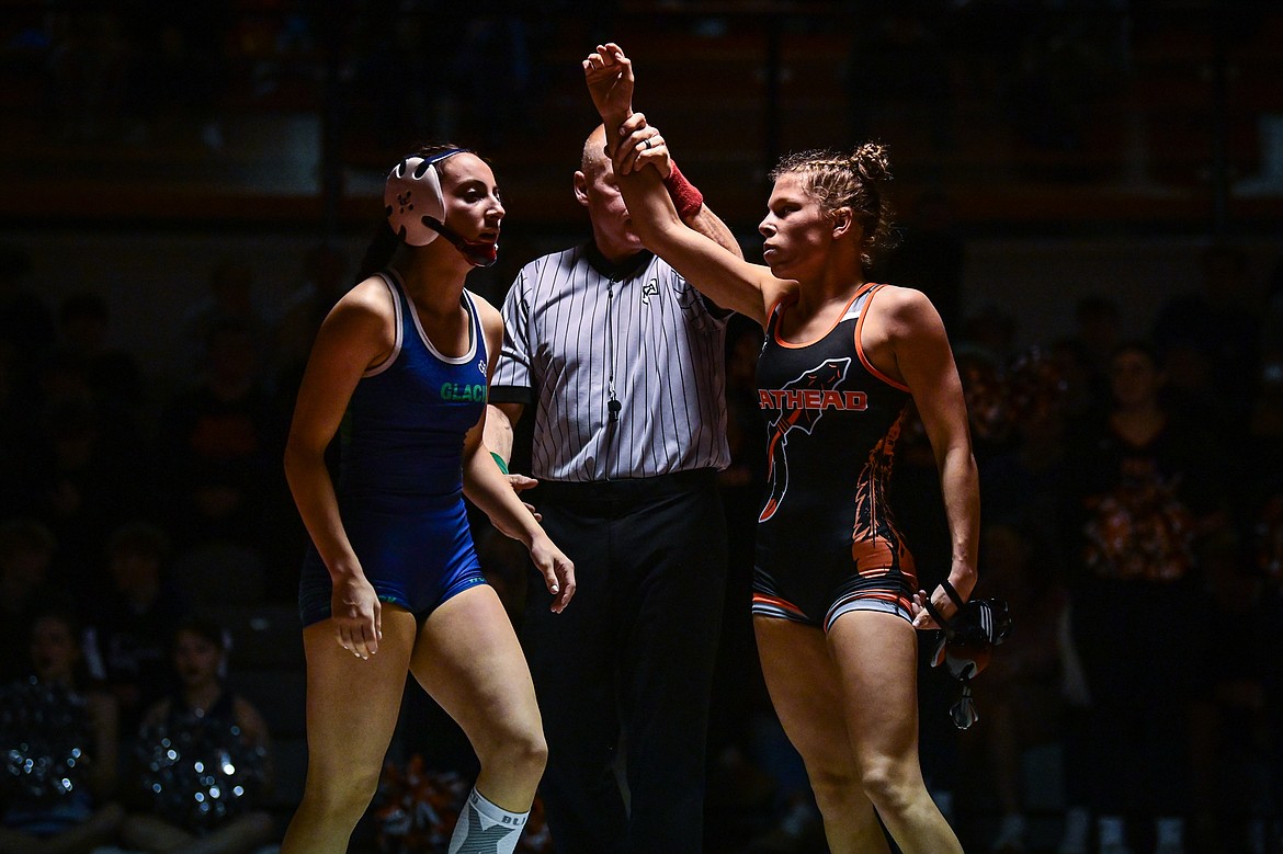 Flathead's Bella Downing won by pin over Glacier's Mikaela Julius at 115 pounds at Flathead High School on Thursday, Jan. 9. (Casey Kreider/Daily Inter Lake)