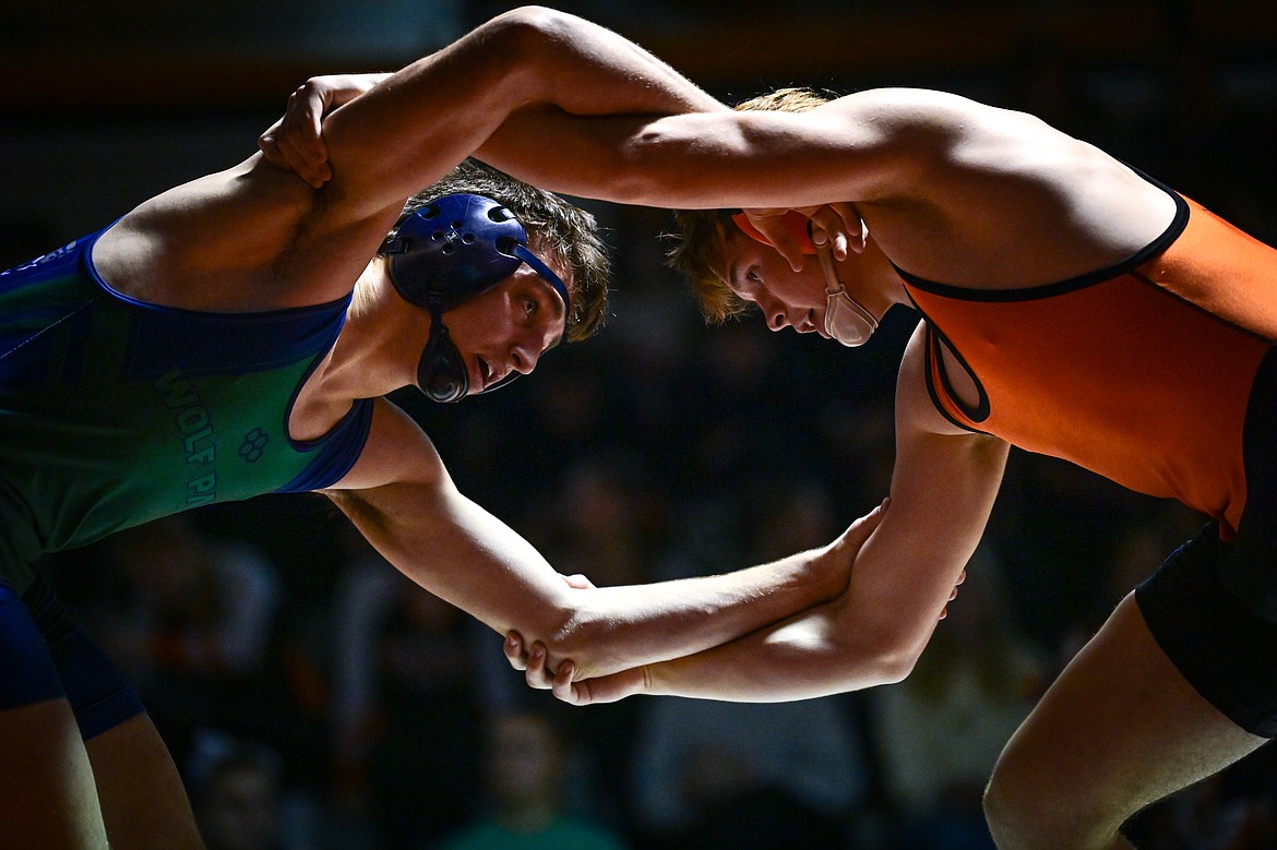 Glacier's Mark Ahner and Flathead's Kohen Rilley tie up at 190 pounds at Flathead High School on Thursday, Jan. 9. (Casey Kreider/Daily Inter Lake)