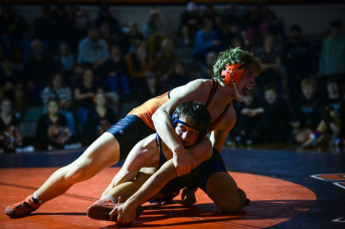 Flathead's Kohen Rilley wrestles Glacier's Mark Ahner at 190 pounds at Flathead High School on Thursday, Jan. 9. (Casey Kreider/Daily Inter Lake)