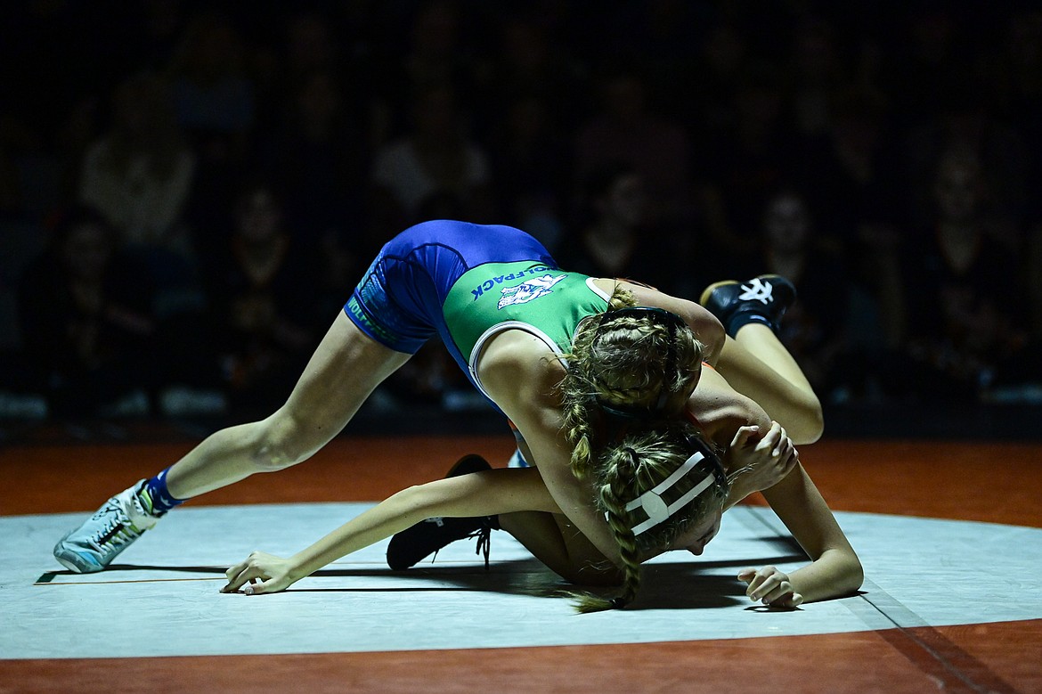 Glacier's Katelyn Sphuler wrestles Flathead's Ella Counts at 100 pounds at Flathead High School on Thursday, Jan. 9. (Casey Kreider/Daily Inter Lake)