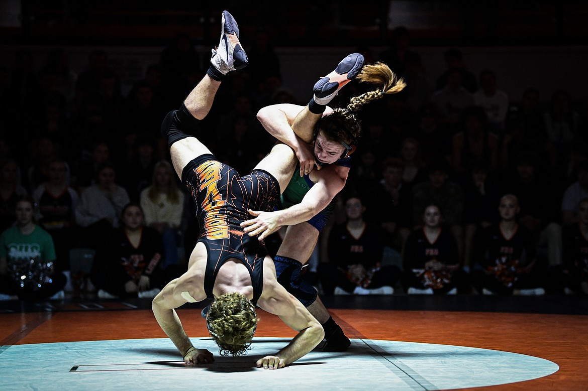 Glacier's Nikola Coles and Flathead's Lane Chivers battle at 165 pounds at Flathead High School on Thursday, Jan. 9. (Casey Kreider/Daily Inter Lake)