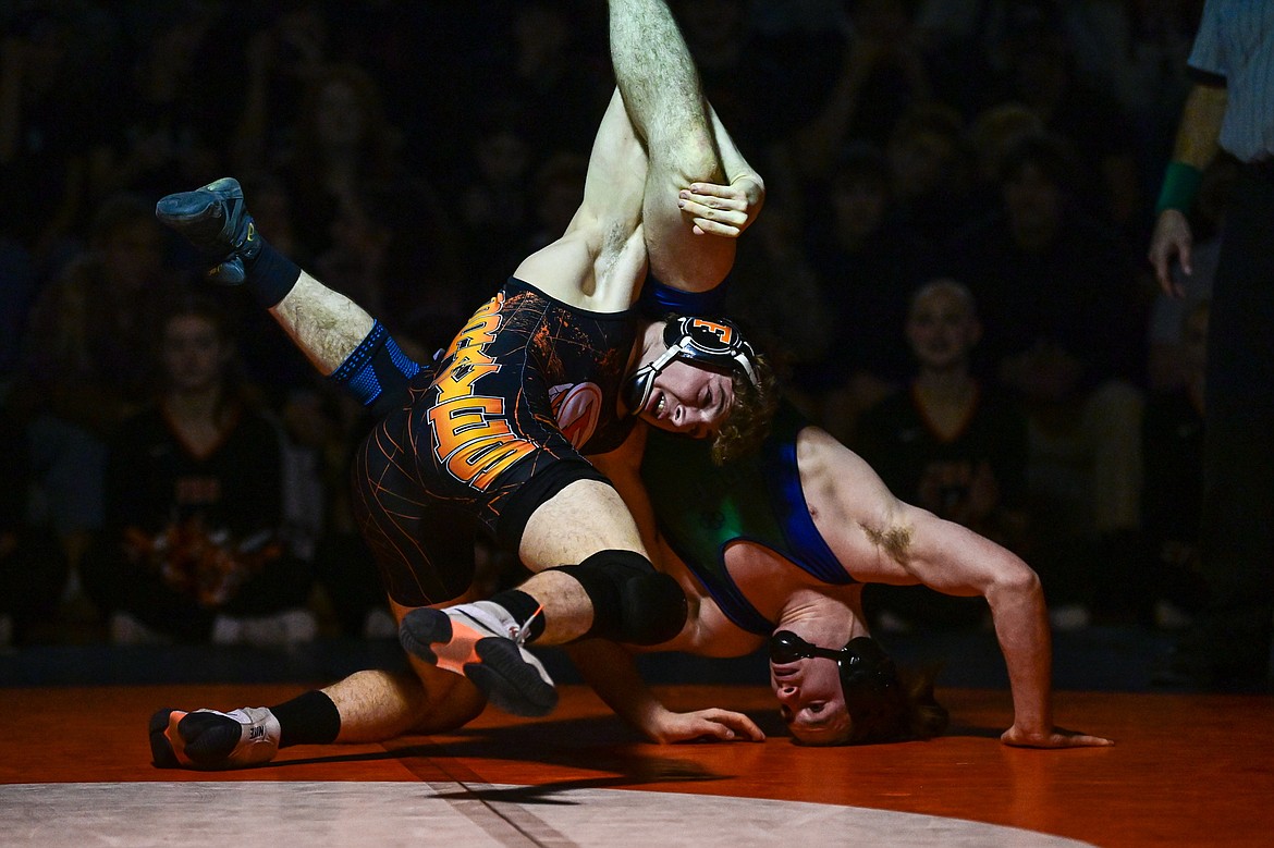 Flathead's Lane Chivers and Glacier's Nikola Coles battle at 165 pounds at Flathead High School on Thursday, Jan. 9. (Casey Kreider/Daily Inter Lake)