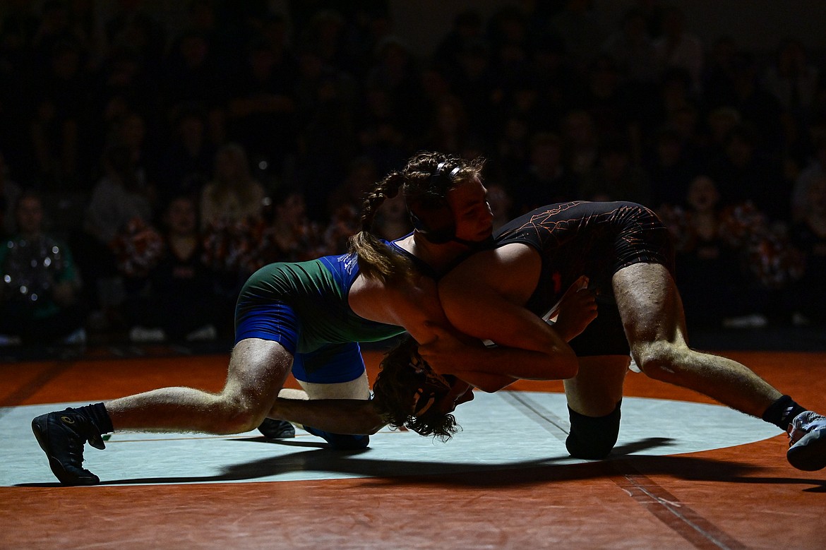 Glacier's Nikola Coles and Flathead's Lane Chivers battle at 165 pounds at Flathead High School on Thursday, Jan. 9. (Casey Kreider/Daily Inter Lake)