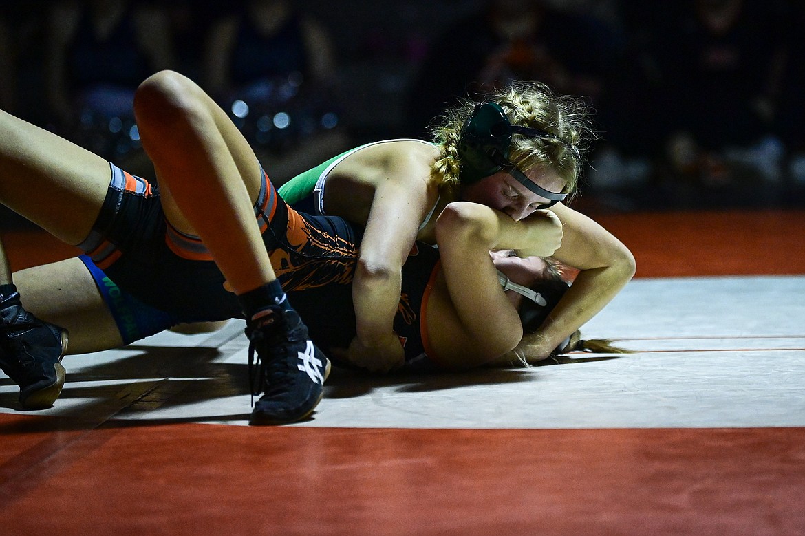 Glacier's Katelyn Sphuler pins Flathead's Ella Counts at 100 pounds at Flathead High School on Thursday, Jan. 9. (Casey Kreider/Daily Inter Lake)