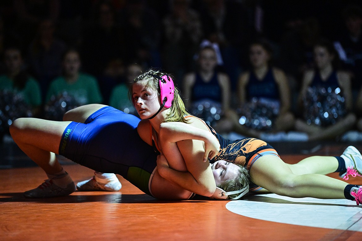 Flathead's Kiera Lackey pins Glacier's Kortni Speed at 135 pounds at Flathead High School on Thursday, Jan. 9. (Casey Kreider/Daily Inter Lake)