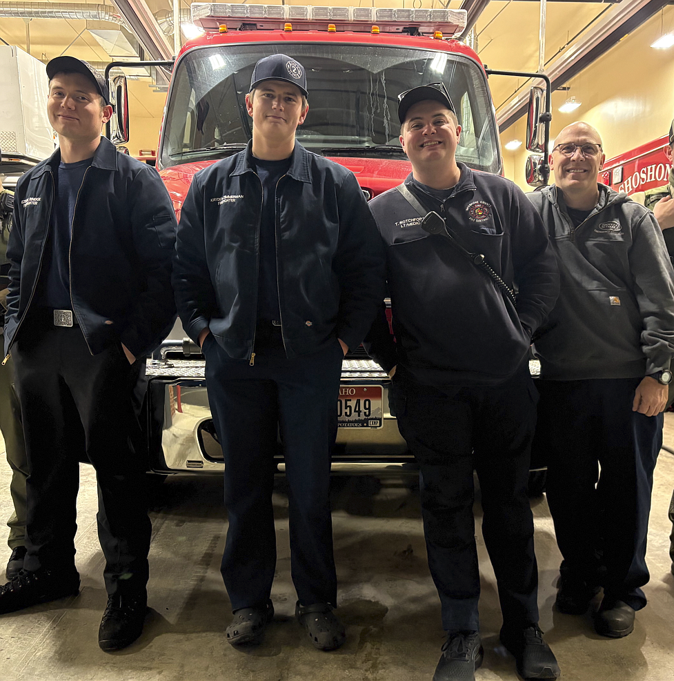 Shoshone County Fire District No. 2 members lt. Ezekiel Rindge, firefighter Kayden Zimmerman, captain Tyler Rotchford and Fire Chief Scott Dietrich pose as they prepared to drive to assist with the multiple wildfires currently raging in Southern California.
Members of the Shoshone County Sheriff Office escorted the crews out as they drove to meet other volunteers from Idaho.