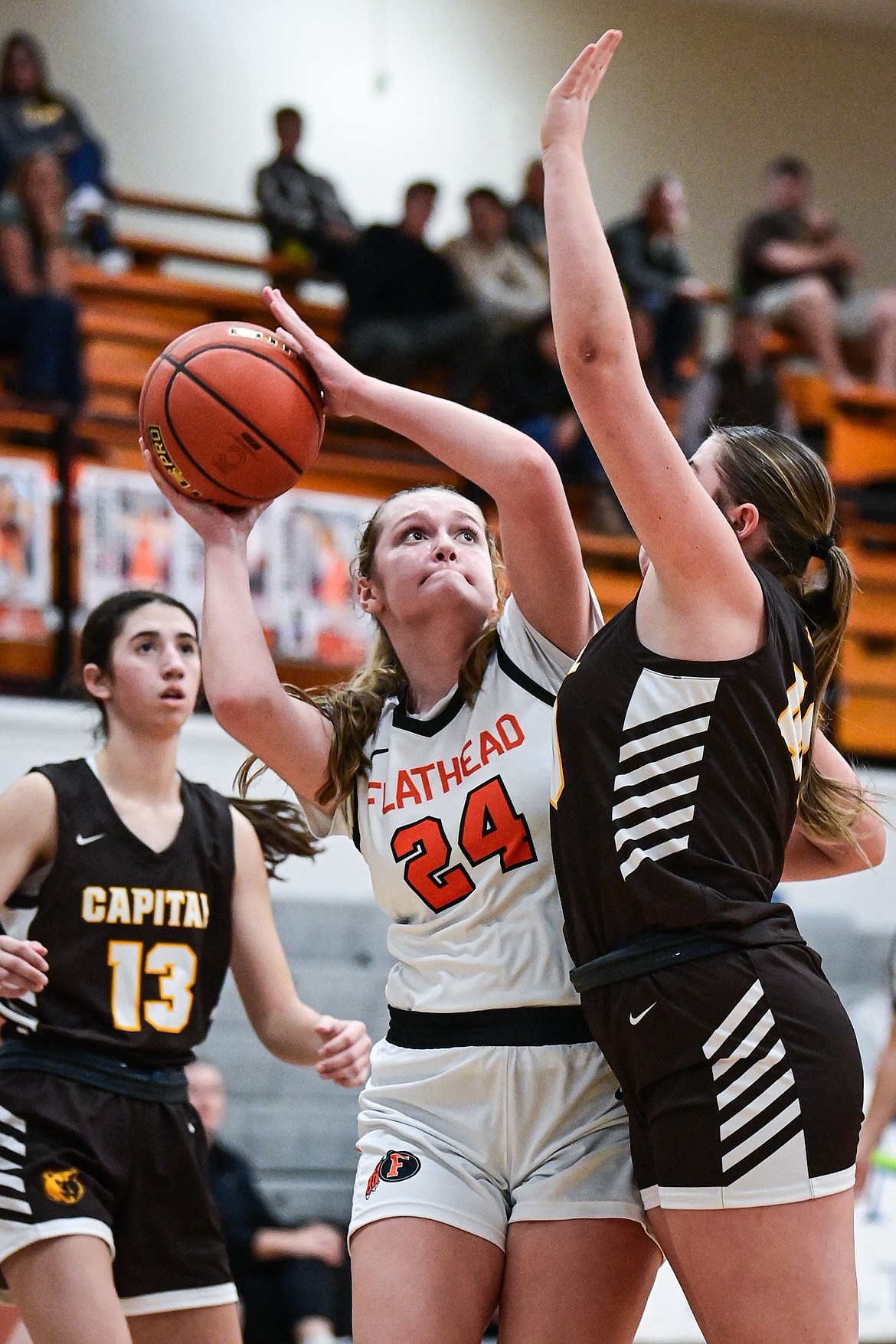 Flathead's Mattie Thompson (24) looks to shoot in the third quarter against Helena Capital at Flathead High School on Friday, Jan. 10. (Casey Kreider/Daily Inter Lake)