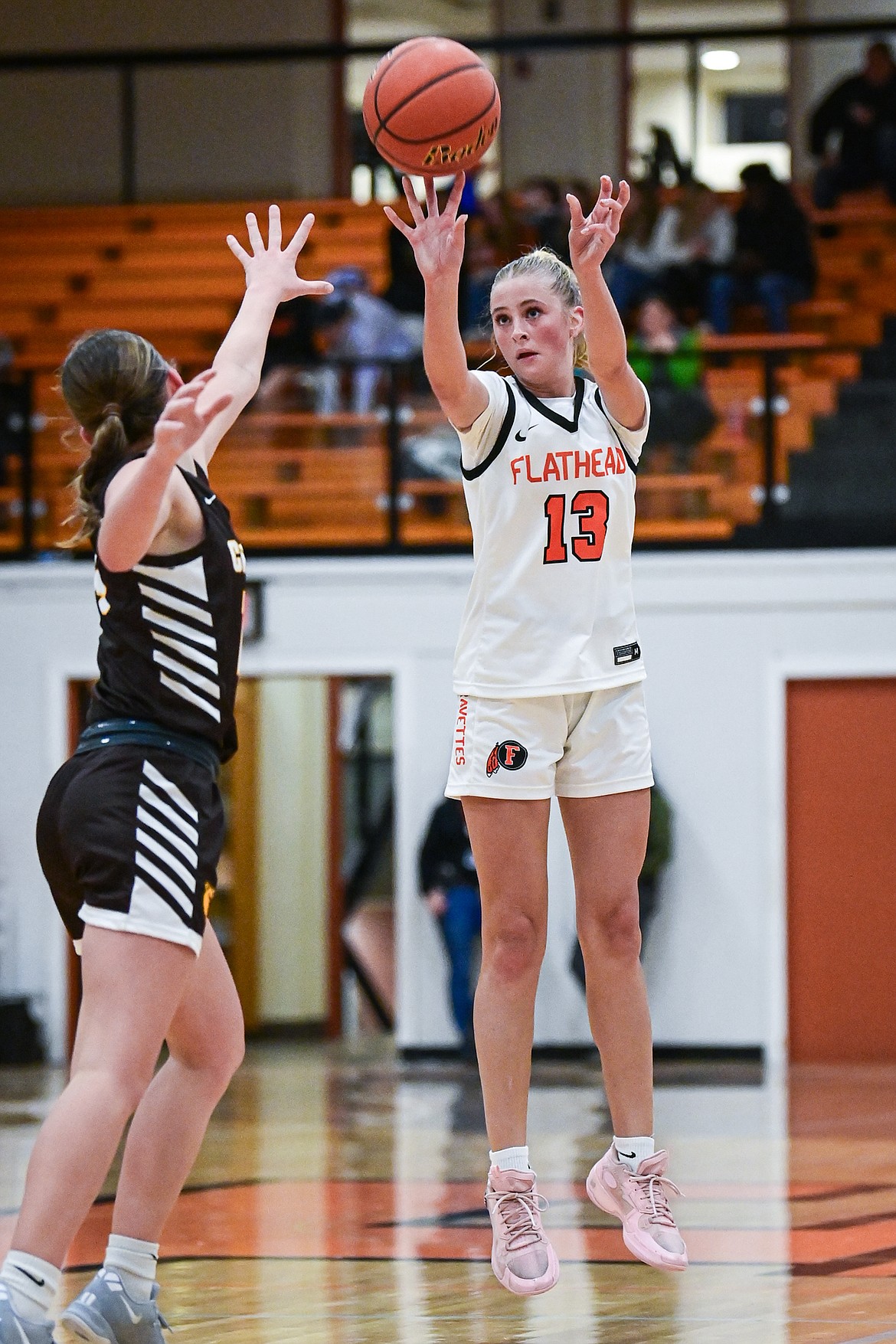 Flathead's Caitlin Converse (13) shoots from the top of the key in the third quarter against Helena Capital at Flathead High School on Friday, Jan. 10. (Casey Kreider/Daily Inter Lake)