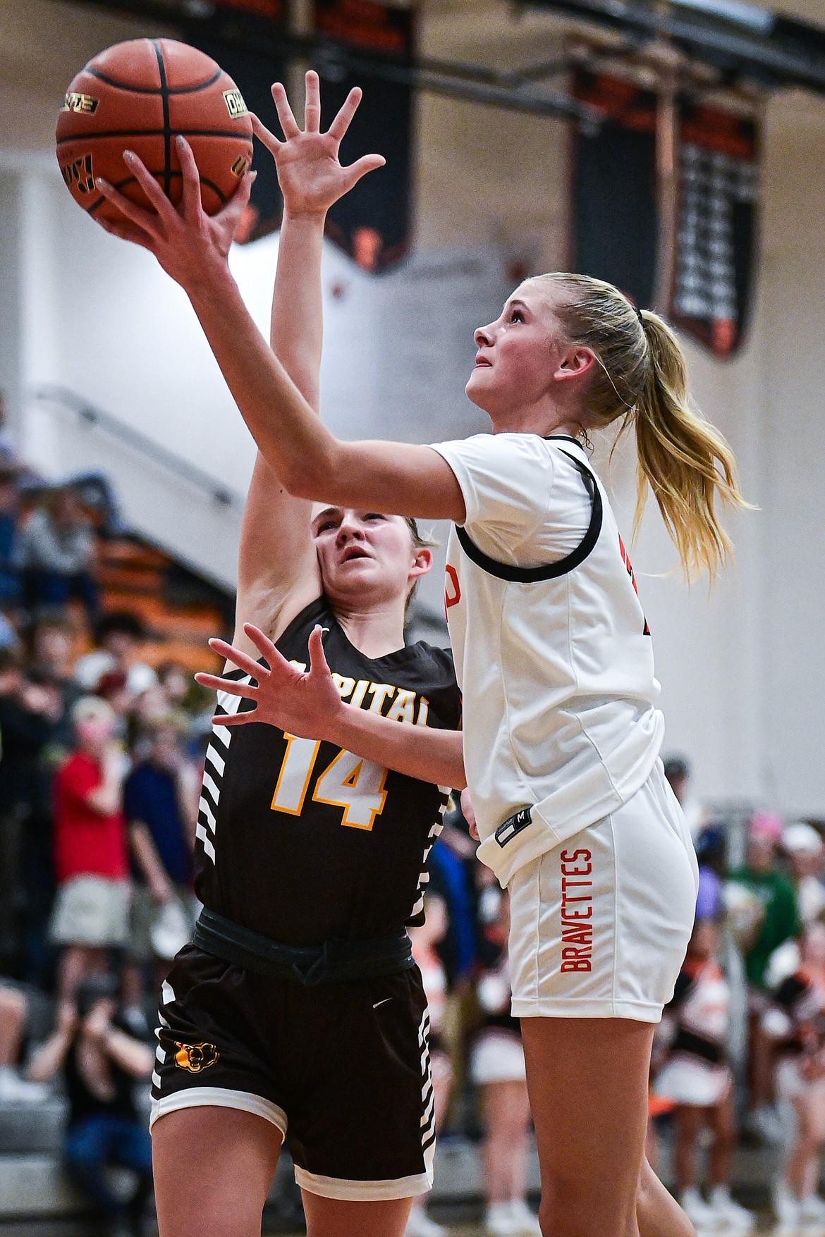 Flathead's Caitlin Converse (13) drives to the basket in the first quarter against Helena Capital at Flathead High School on Friday, Jan. 10. (Casey Kreider/Daily Inter Lake)