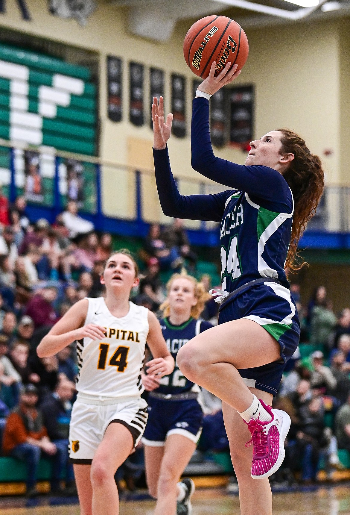 Glacier's Cassidy Daniels (24) drives to the basket after a steal in the first quarter against Helena Capital at Glacier High School on Saturday, Jan. 11. (Casey Kreider/Daily Inter Lake)