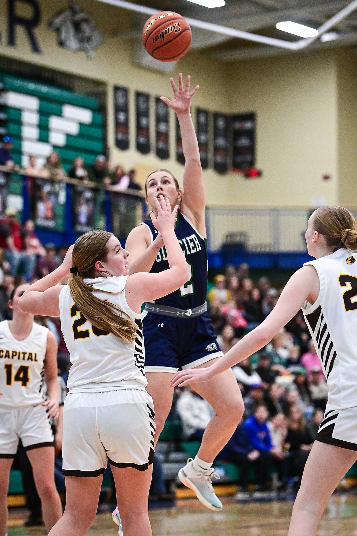 Glacier's Rylee Bigelow (2) shoots in the lane in the second quarter against Helena Capital at Glacier High School on Saturday, Jan. 11. (Casey Kreider/Daily Inter Lake)