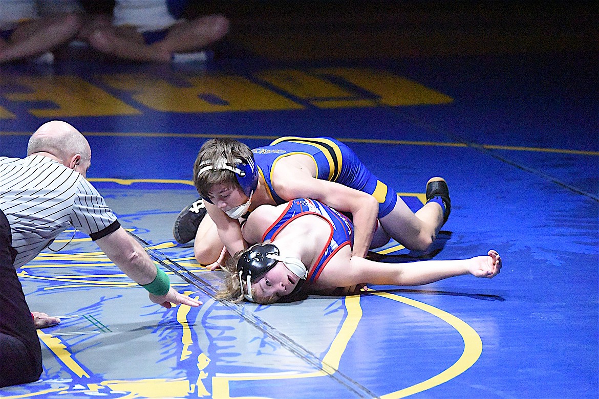 Libby wrestler Levi Nick scored a pin over his Bigfork opponent in a 66-18 win Friday, Jan. 10, 2024. (Scott Shindledecker/The Western News)