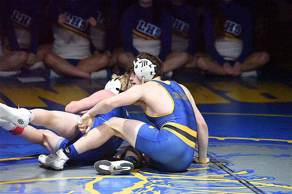 Libby wrestler Nick Campbell scored a pin over his Columbia Falls opponent in a 42-38 win Friday, Jan. 10, 2024. (Scott Shindledecker/The Western News)