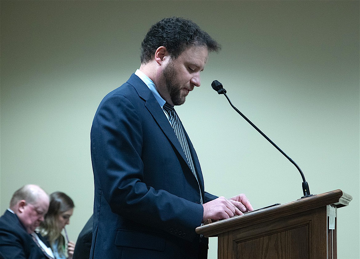 Dan Stusek, representing the Confederated Salish and Kootenai tribes, speaks in support of a House joint resolution to fully fund law enforcement in Indian Country at a committee meeting on Friday. (Emma White/UM Legislative News)