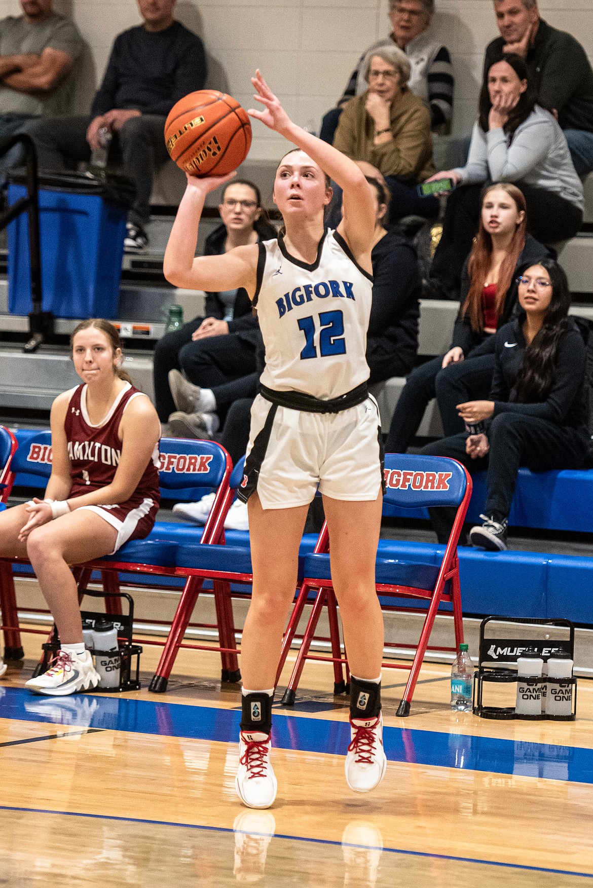 Keni Wade tries for three Thursday. (Avery Howe/Bigfork Eagle)