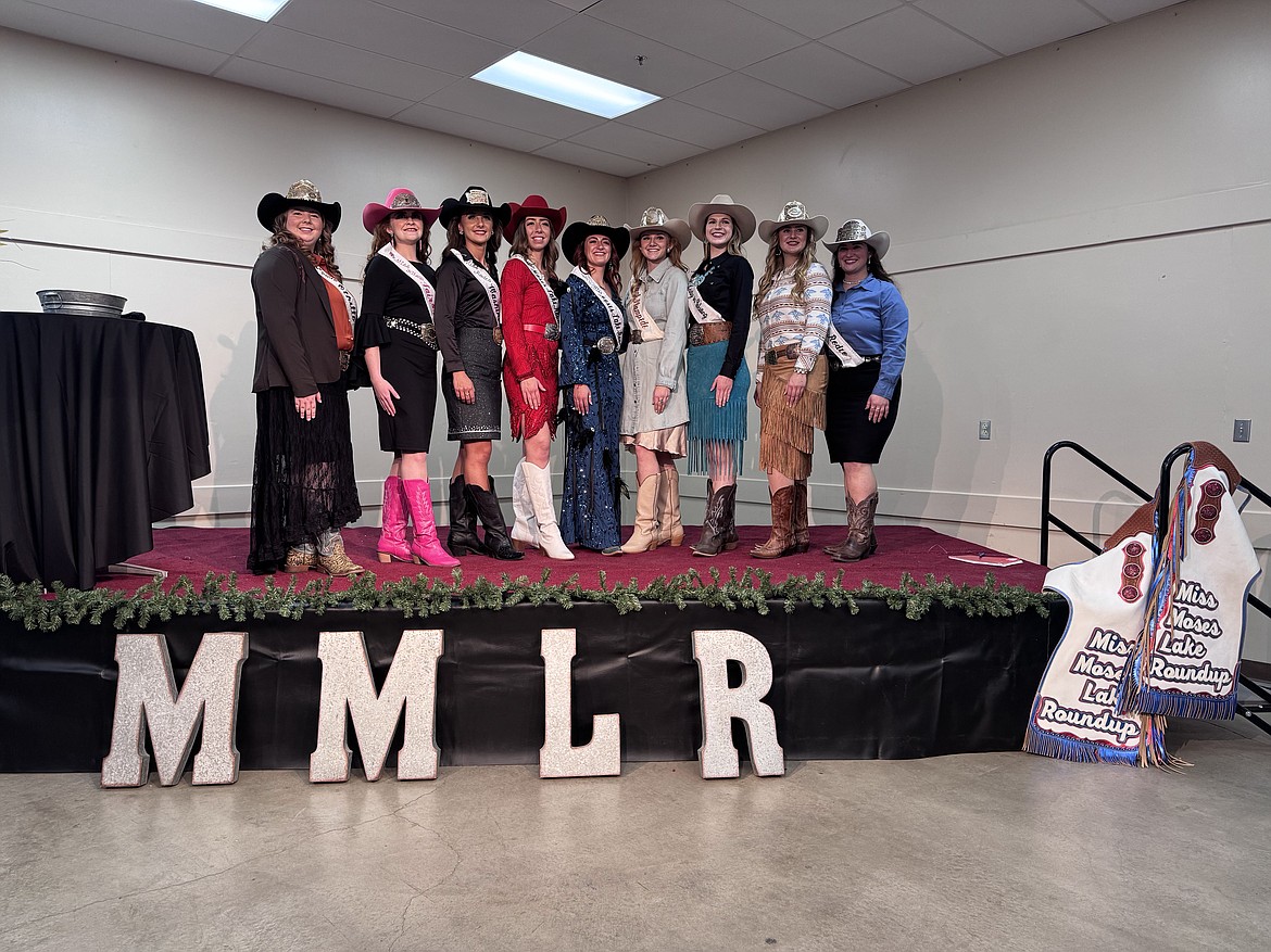 Miss Moses Lake Roundup 2025 Kaylee Stump, center, in blue, is joined by visiting royalty from other local and regional rodeos at the rodeo queen pageant in Moses Lake in November.