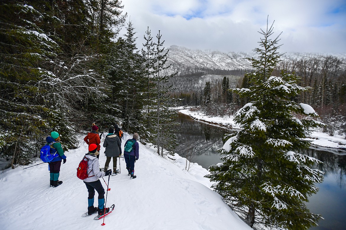 Attendees pause along the bank of McDonald Creek during a Lichen in the Winter World walk with the Glacier Institute around Apgar in Glacier National Park on Saturday, Jan. 11. (Casey Kreider/Daily Inter Lake)