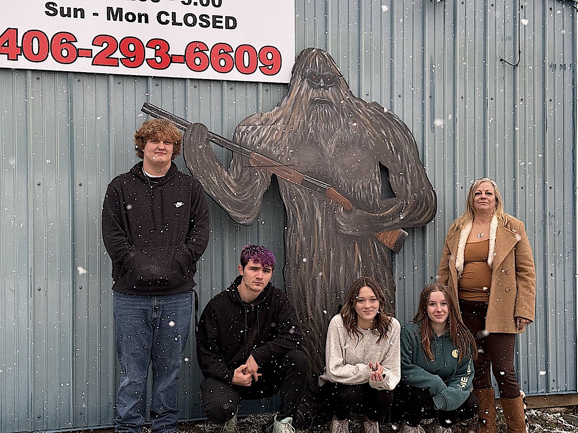 Libby Central School's students recently completed the latest Bigfoot cutout for placement at New to You. From left, are students Tevon Badding, Dillon Norton, Grace Webber, Marcianna McKeever and art teacher Heather Robertson. Not pictured is student Peyton Zillman and teacher Dean Herried. (Courtesy photo)