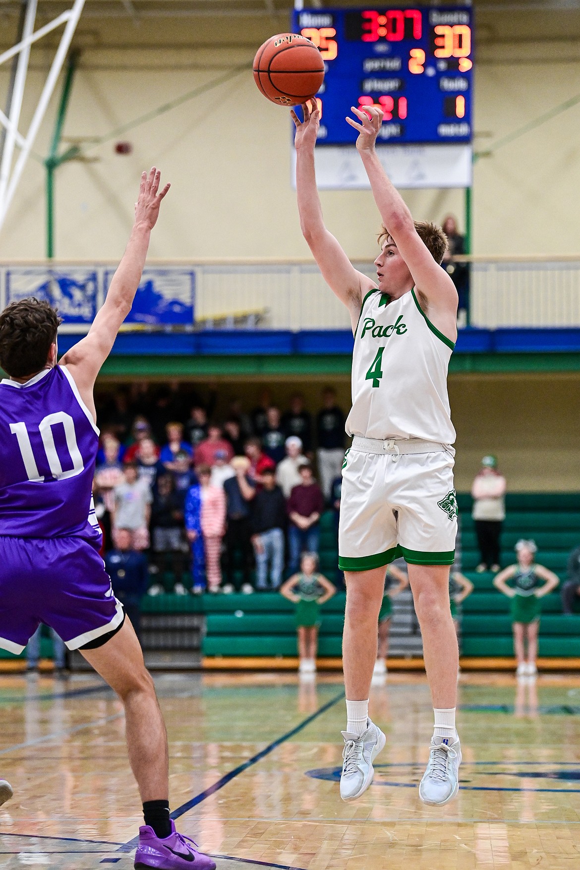 Glacier's Ethan Kastelitz (4) shoots a three in the second quarter against Butte at Glacier High School on Friday, Jan. 17. (Casey Kreider/Daily Inter Lake)