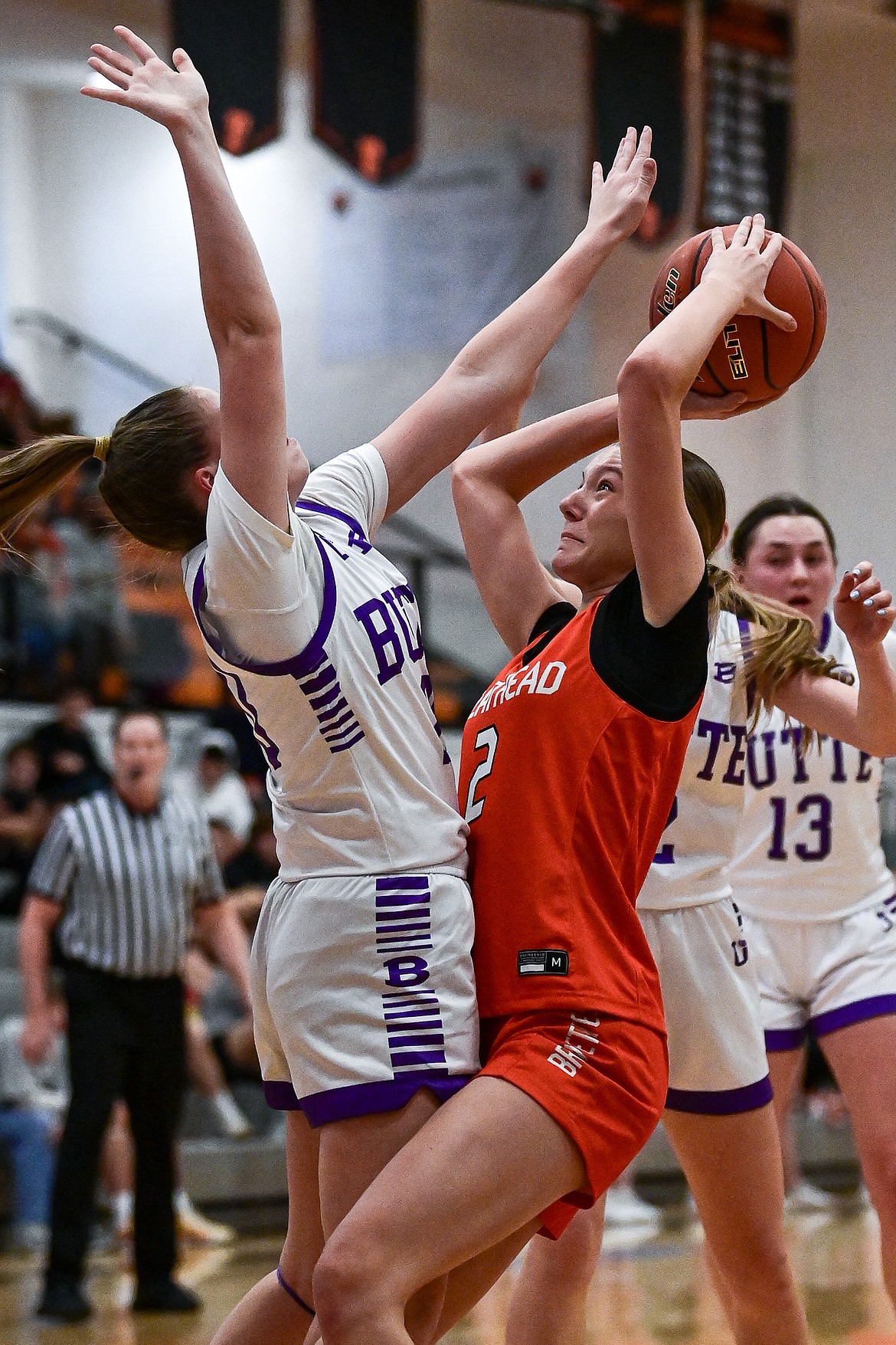 Flathead's McKenna Aldrich (2) draws a foul on a shot in the second quarter against Butte at Flathead High School on Saturday, Jan. 18. (Casey Kreider/Daily Inter Lake)