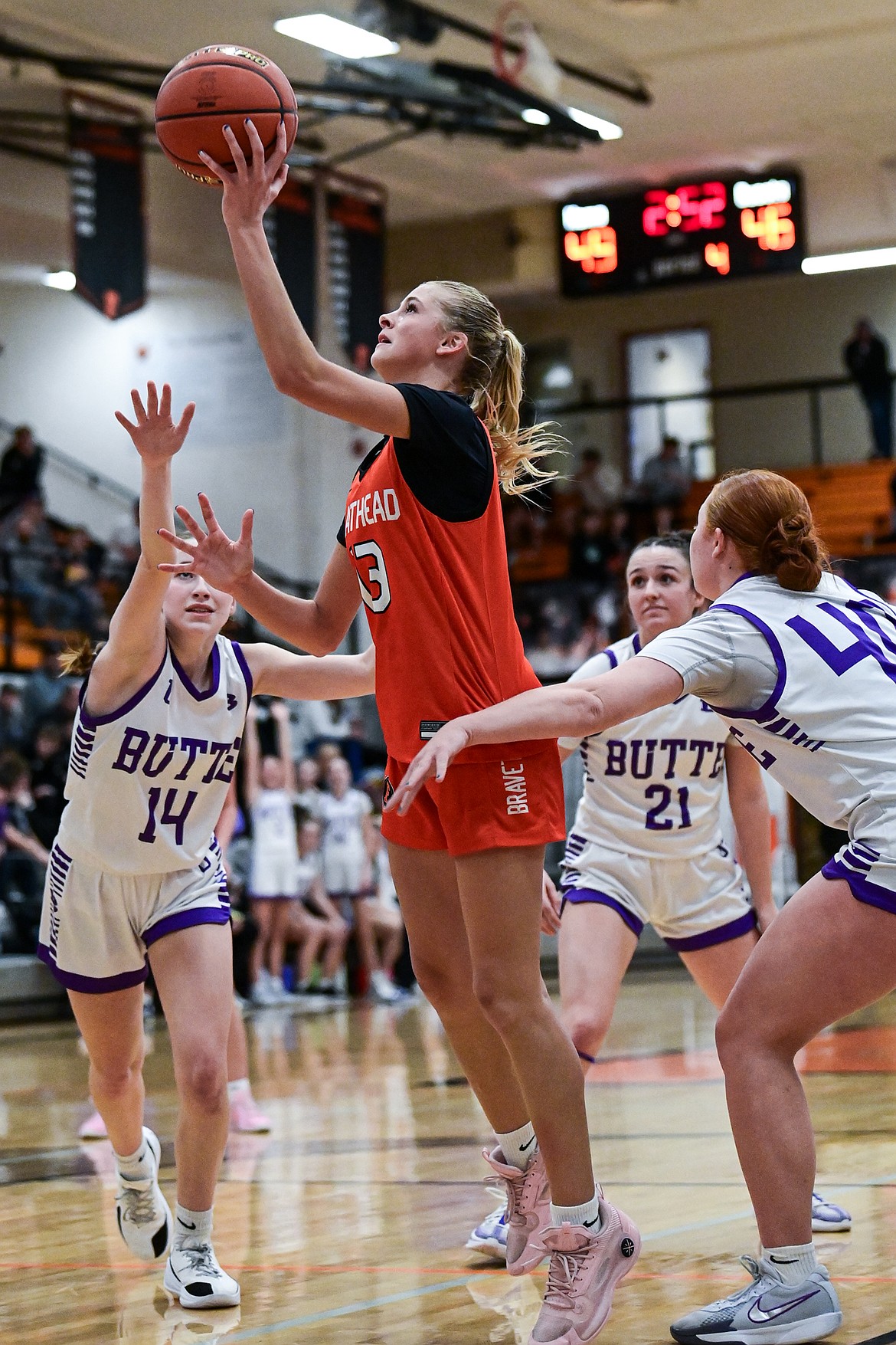 Flathead's Caitlin Converse (13) drives to the basket in the fourth quarter against Butte at Flathead High School on Saturday, Jan. 18. (Casey Kreider/Daily Inter Lake)