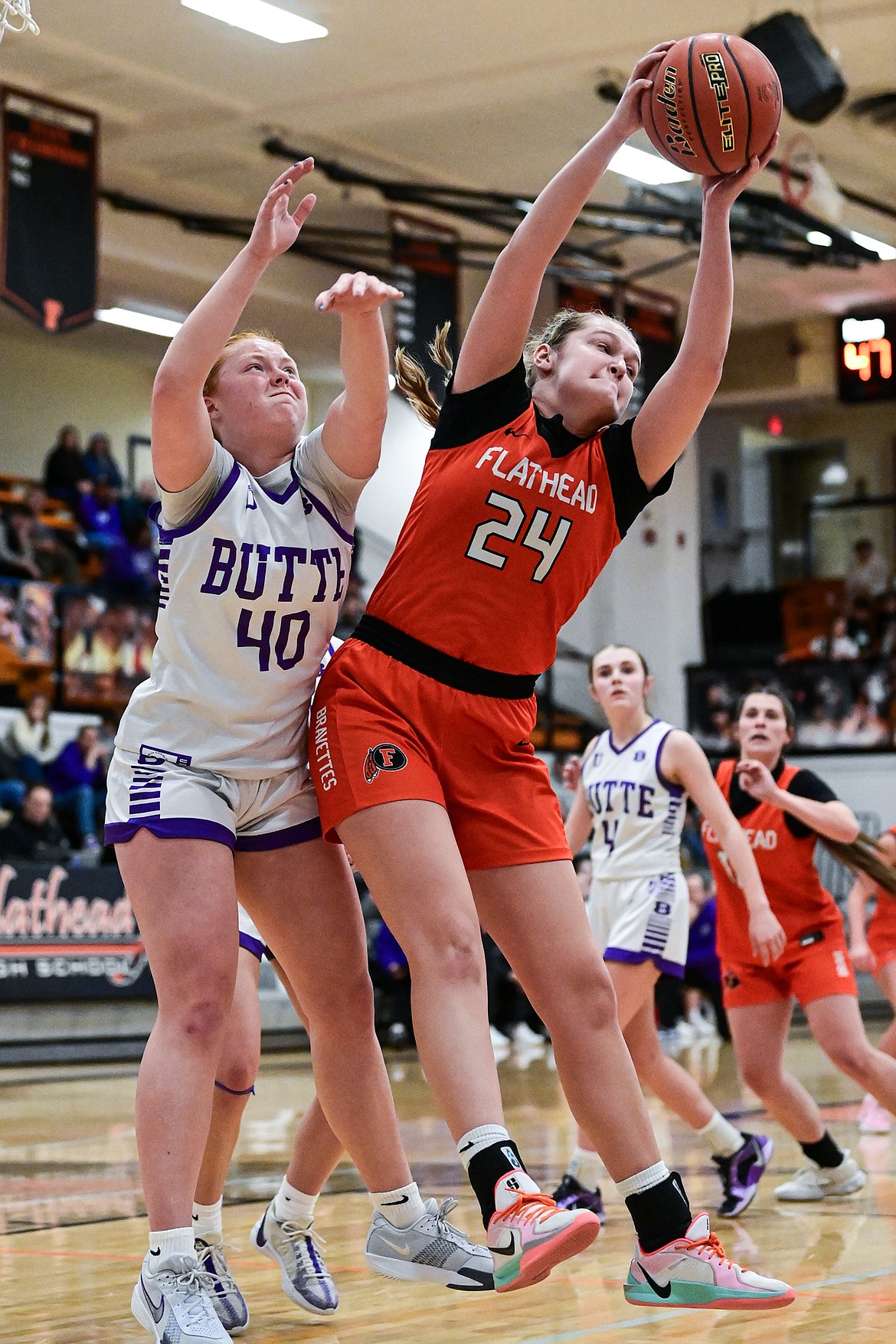 Flathead's Mattie Thompson (24) pulls down a rebound in the fourth quarter against Butte at Flathead High School on Saturday, Jan. 18. (Casey Kreider/Daily Inter Lake)
