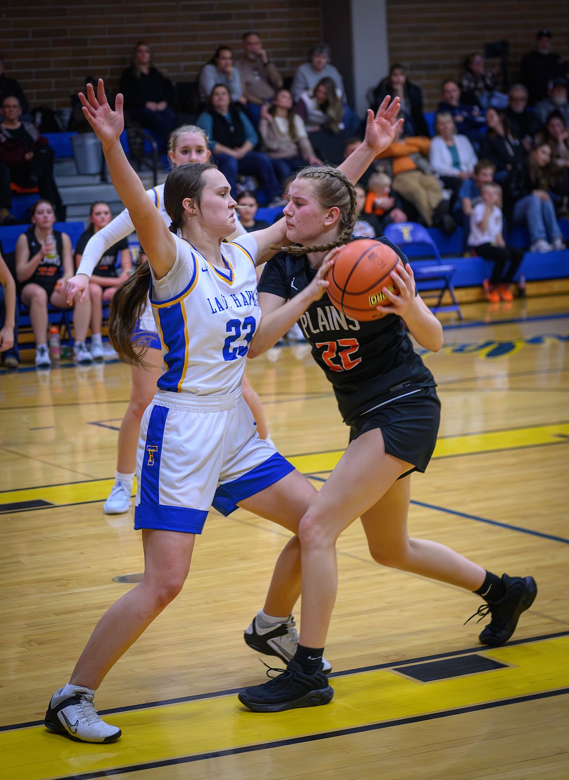 Plains Trotter Aubree Butcher and Thompson Falls Lady Bluehawk Sophia Hunsekker face off. (Tracy Scott/Valley Press)