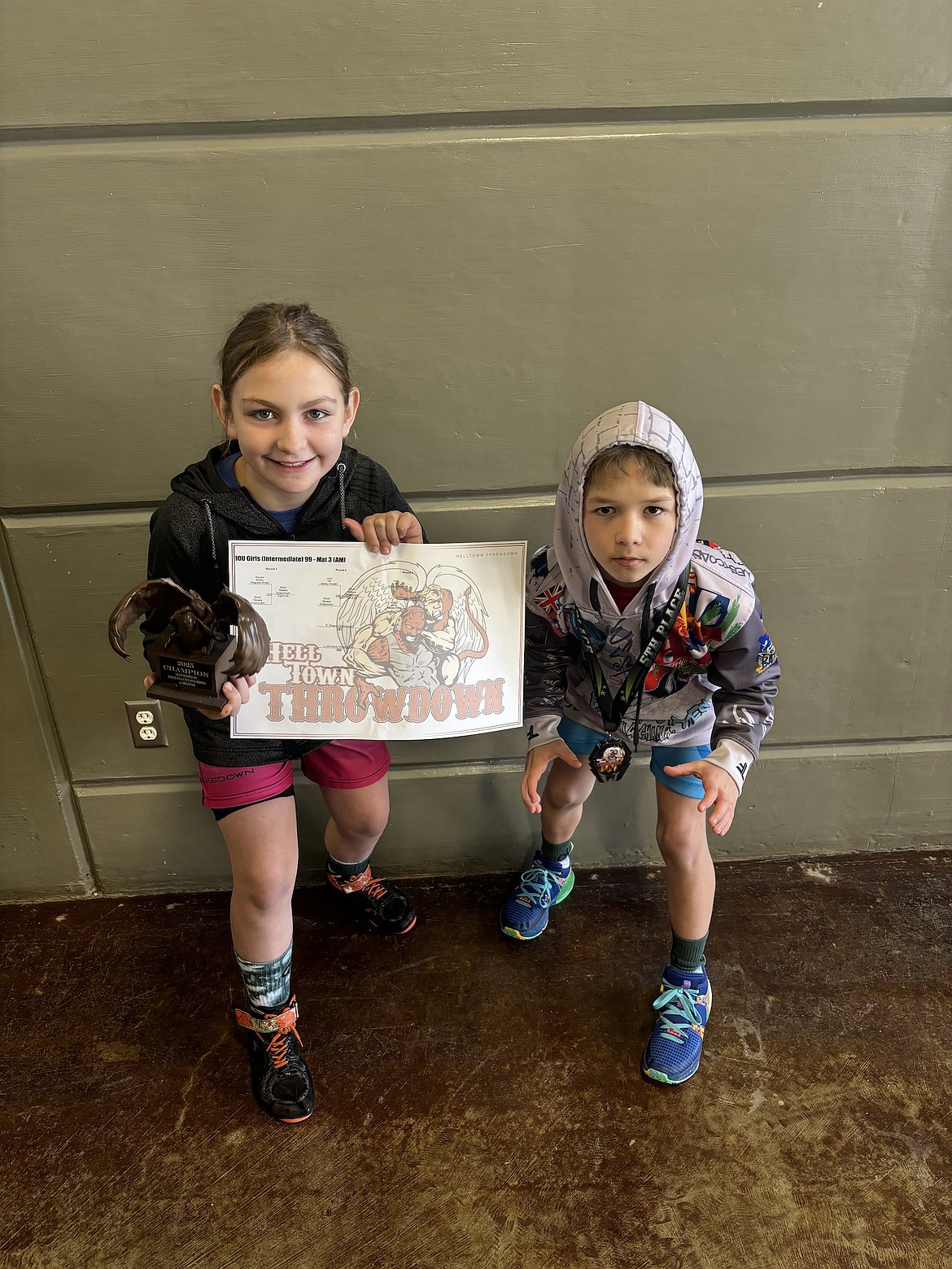 Libby Greenchain youth wrestlers Khori Skeers, left, was first and Waylon Katzer was fifth at the Helltown Throwdown in Helena last weekend. (Courtesy photo)